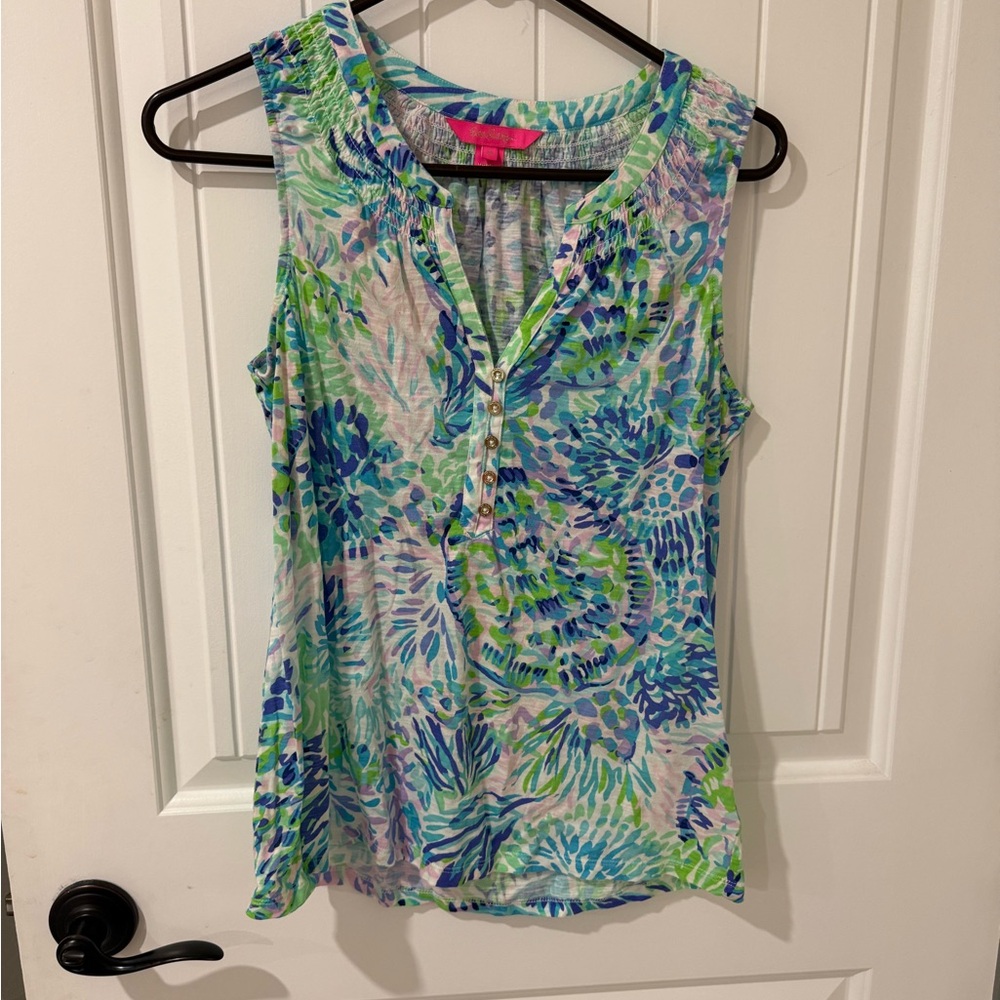 Lilly Pulitzer Blue & Green Floral Sleeveless Henley Camisole